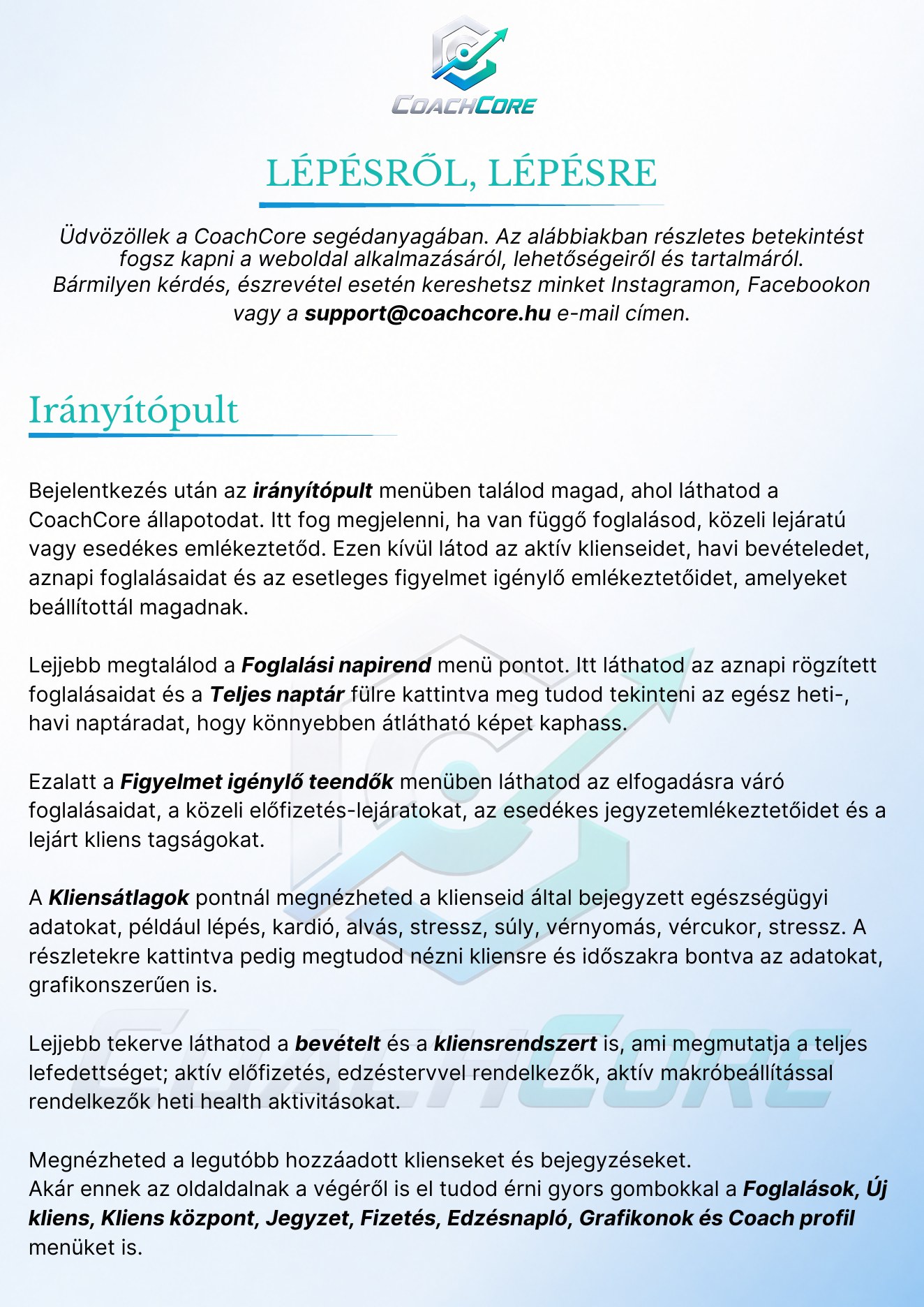A CoachCore Lépésről, lépésre útmutató első oldala