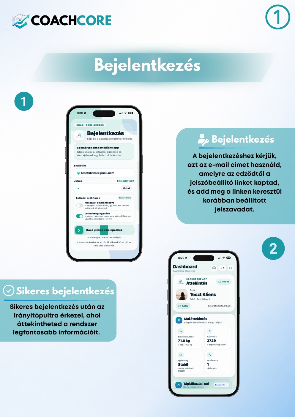 A CoachCore felhasználói útmutató első oldala